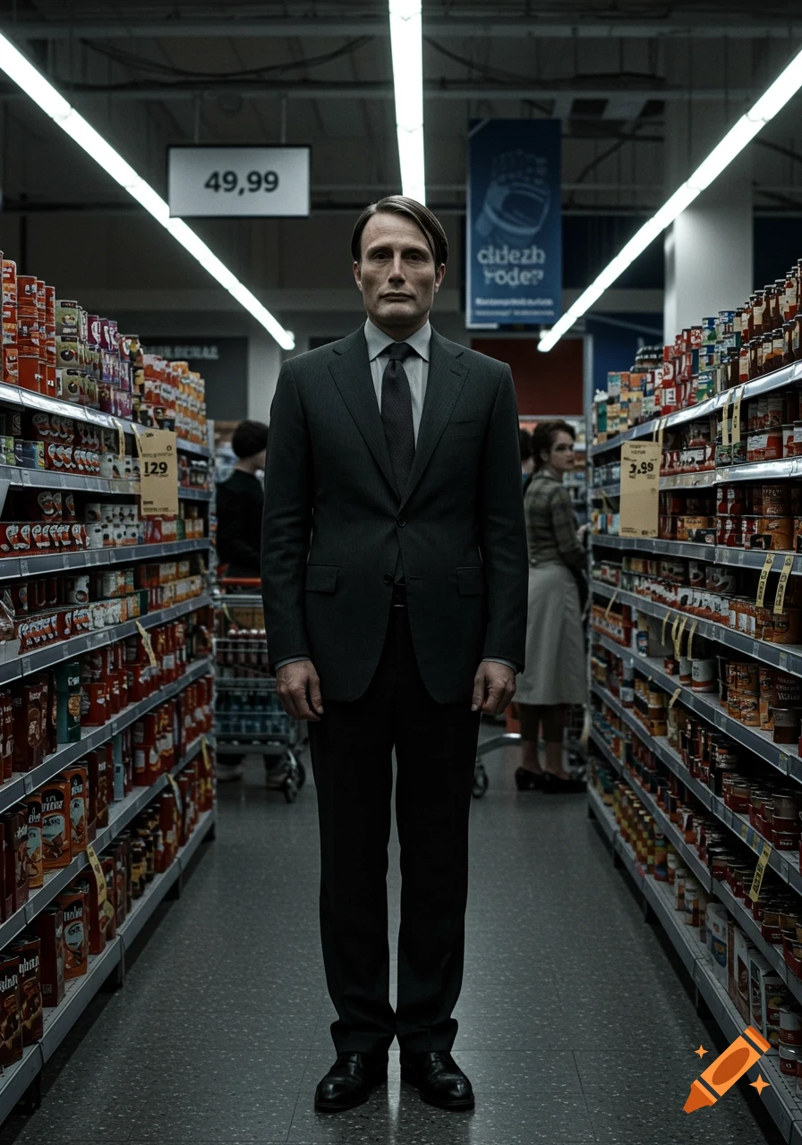Mads Mikkelsen as Hannibal Lecter stands intensely in a supermarket aisle, surrounded by shelves of groceries, in a dark and cinematic shot.