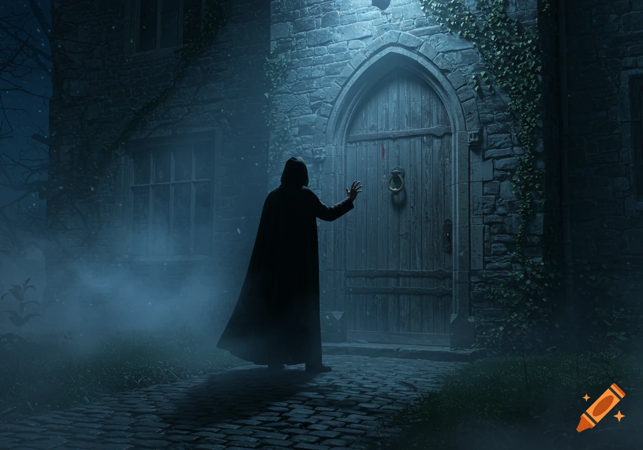 A cloaked figure approaches a large, ominous wooden door on a misty night outside a gothic stone building.