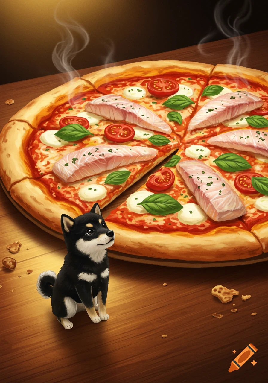 An illustration of a small black and tan Shiba Inu puppy gazing at a steaming pizza topped with raw salmon, tomatoes, and basil on a wooden table.