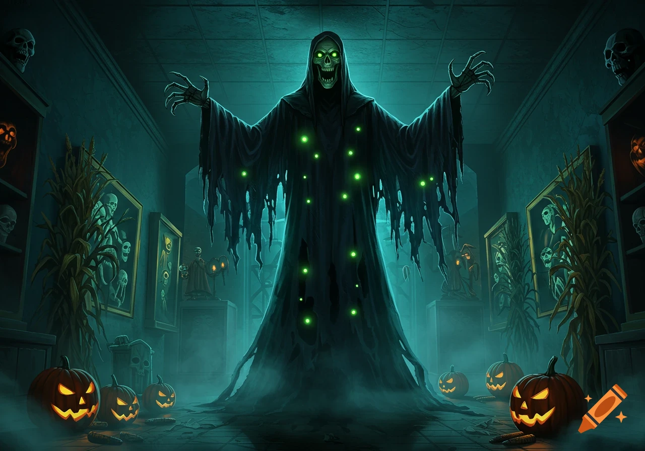 A spooky grim reaper with glowing green eyes and lights stands in a dark, teal-lit room with jack-o'-lanterns, skulls, and corn stalks.
