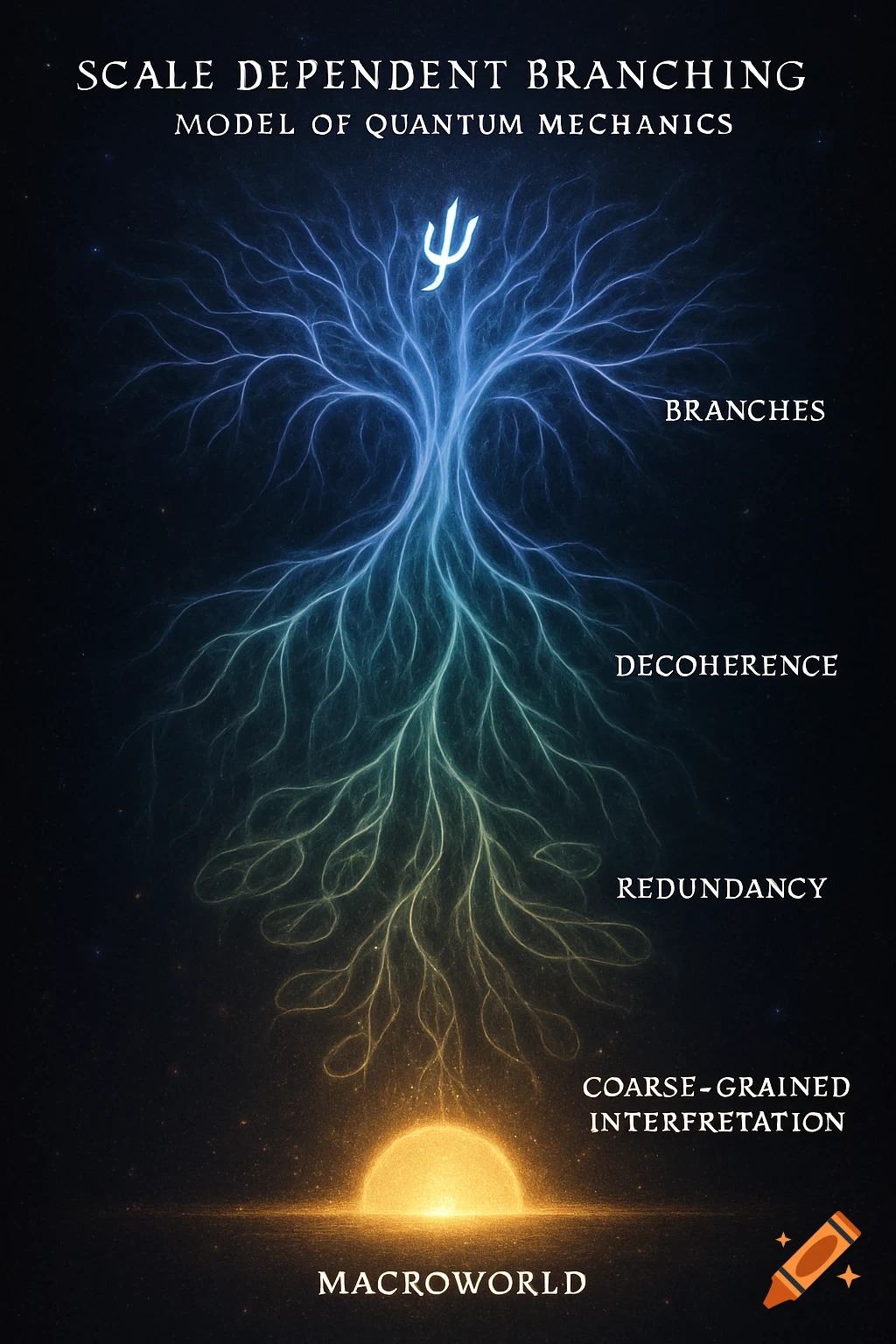 A blue and gold glowing tree-like diagram illustrates the Scale Dependent Branching Model of Quantum Mechanics with labels, against a starry background.