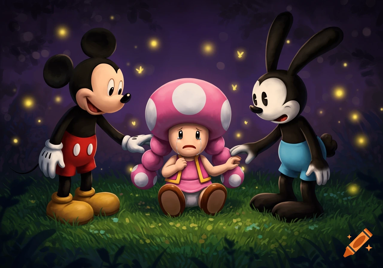 Mickey Mouse and Oswald the Lucky Rabbit comfort a crying Toadette in a dark, firefly-lit grassy field, in a stylized digital painting.
