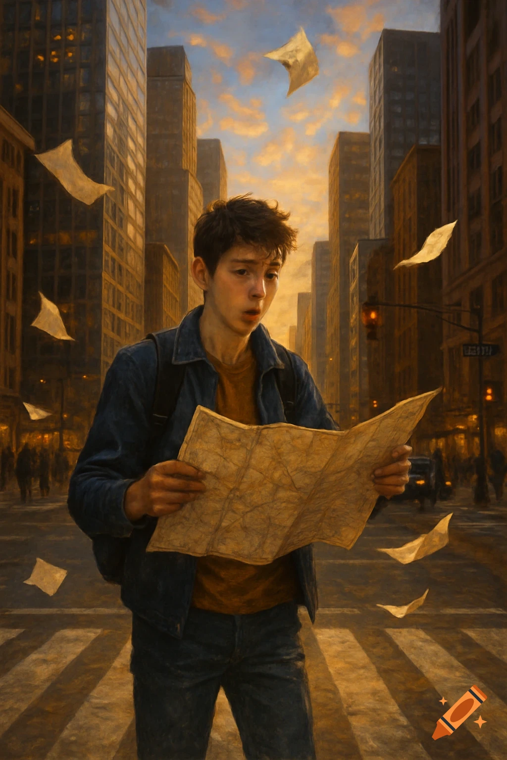 A young man, looking lost, studies a crumpled map on a city street with tall buildings and flying papers.