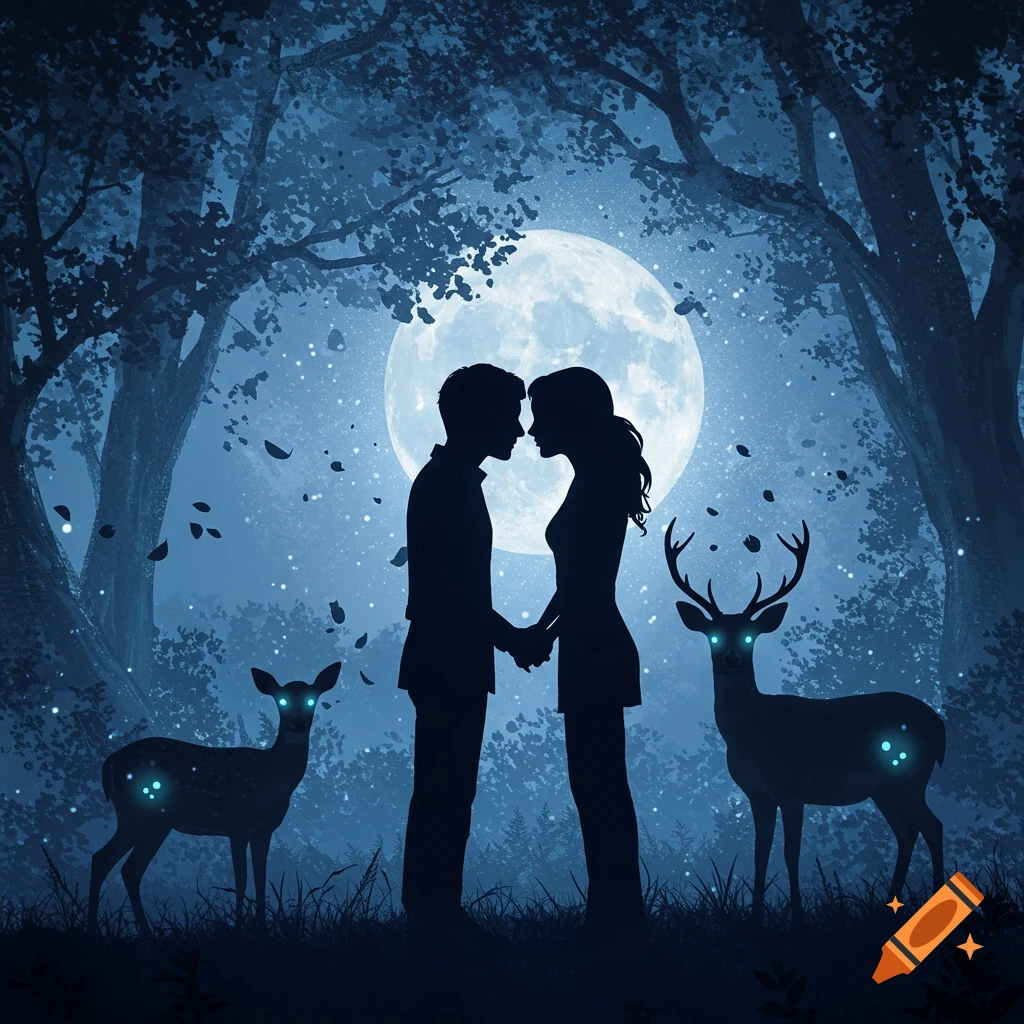 A silhouette of a couple holding hands, almost kissing, in a glowing forest under a full moon, with two deer.