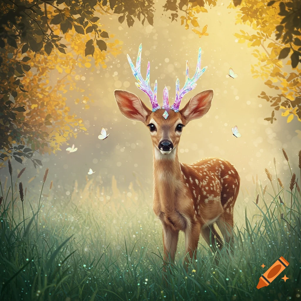 An enchanting fawn with glowing rainbow crystal antlers stands in a dreamy forest among green grass, golden leaves, and butterflies.