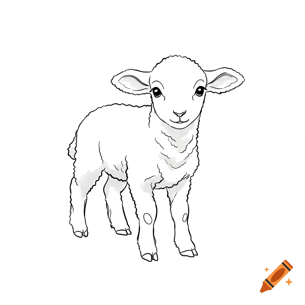 A black and white line drawing of a cute lamb standing and looking forward.