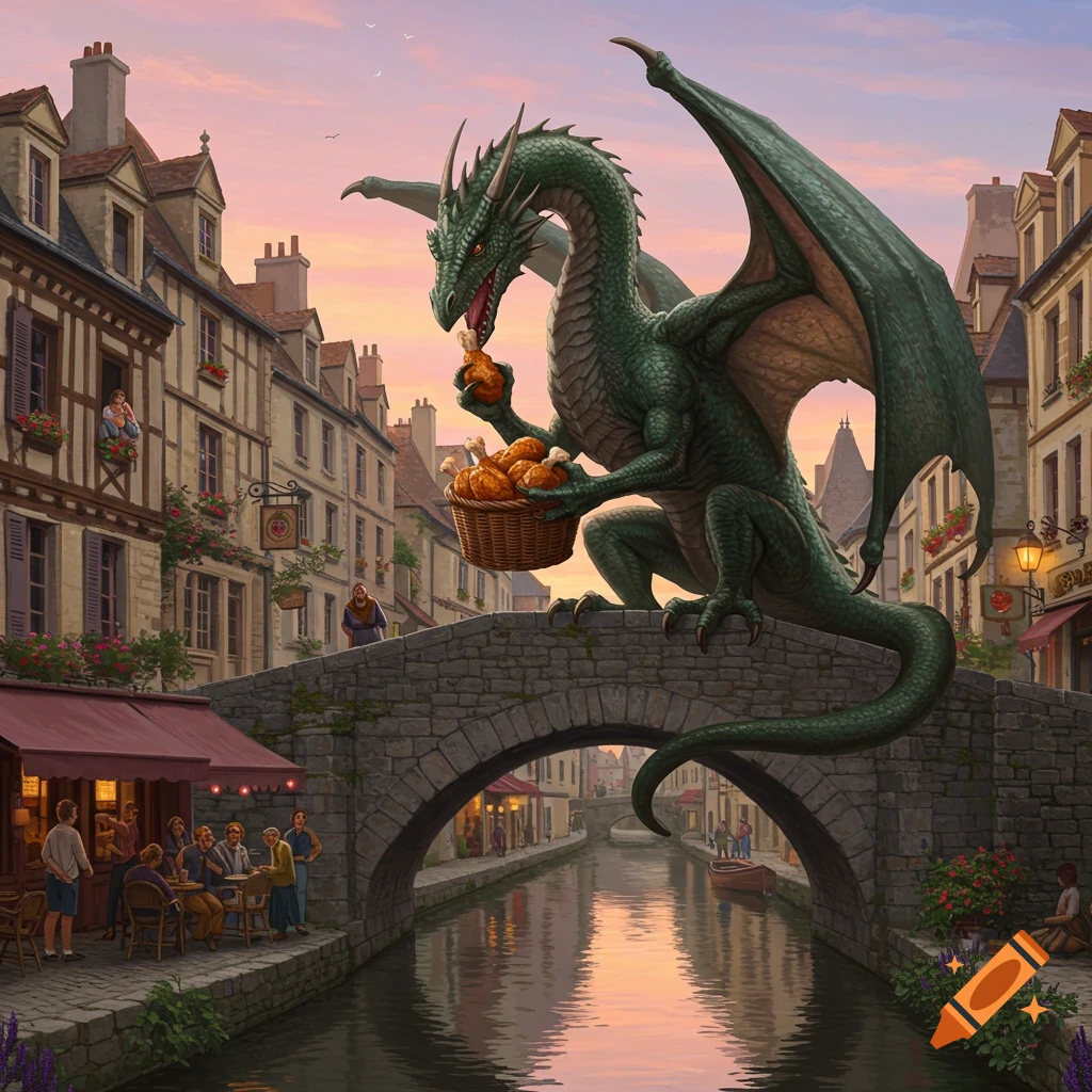 A large green dragon eats fried chicken from a basket on a stone bridge over a canal in a charming European town at sunset.
