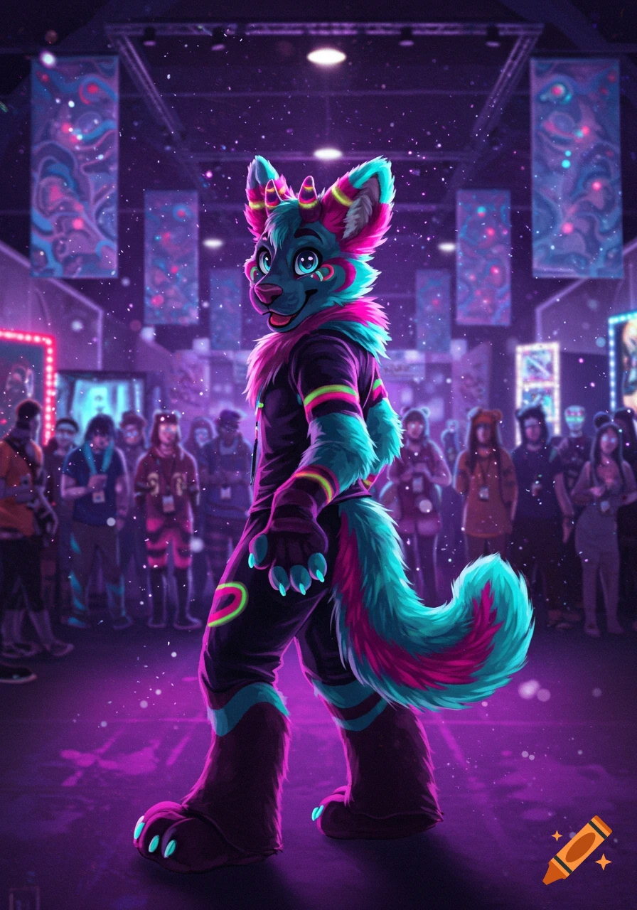 Vibrantly colored fursuiter with blue, pink, and teal fur, glowing accents, walking in a neon-lit convention hall with blurred people.