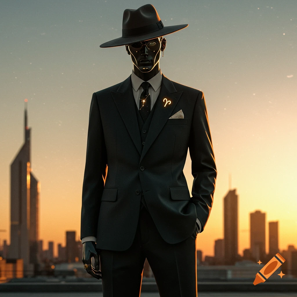 A futuristic, stylized dark figure in a suit and fedora with an Aries symbol on the lapel, set against a sunset city skyline.