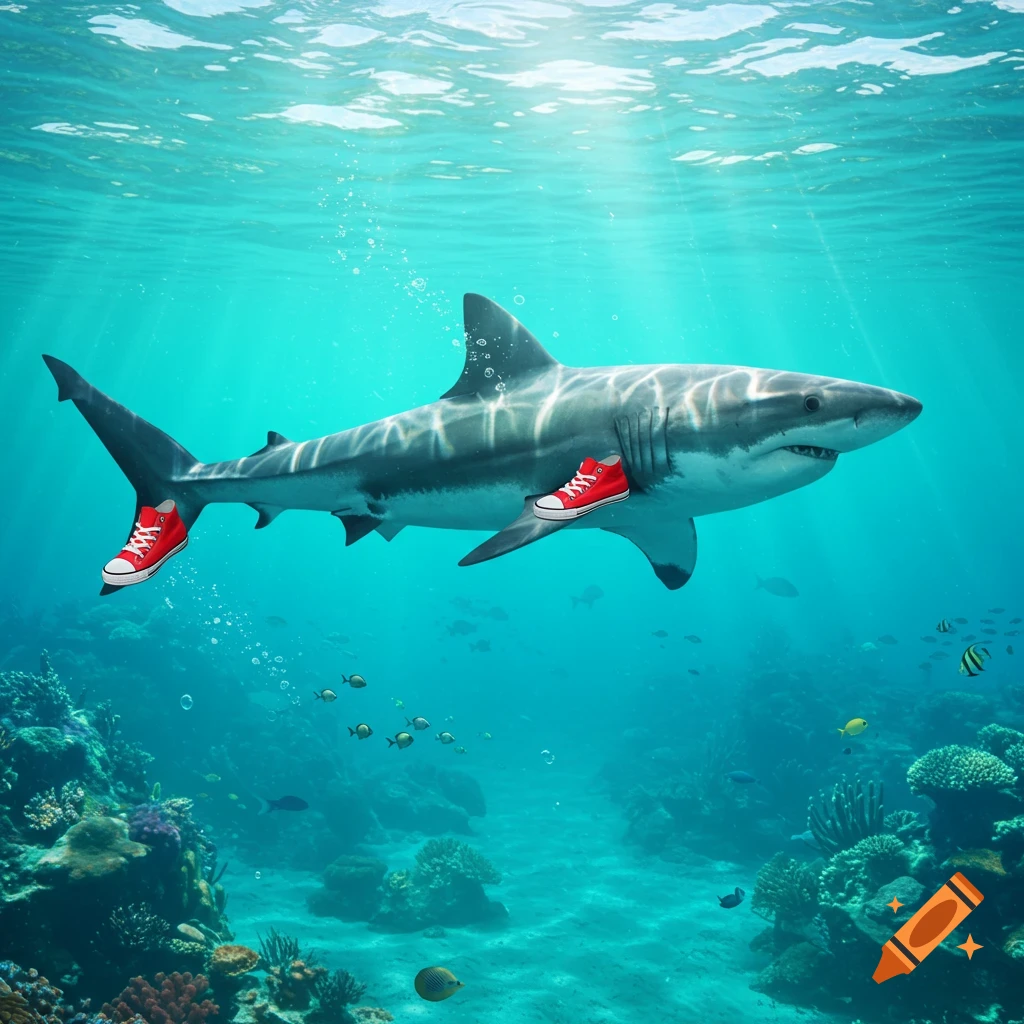 A photorealistic great white shark swims underwater, whimsically wearing red sneakers on its pectoral and caudal fins, above a coral reef.