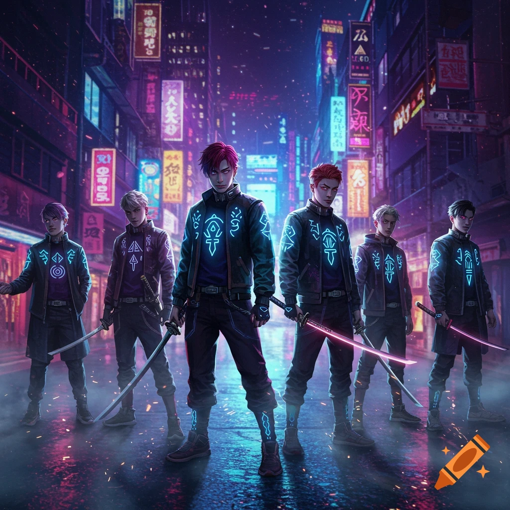 Six young men in cyberpunk-style jackets with glowing symbols stand with swords on a neon-lit street at night, in an anime art style.