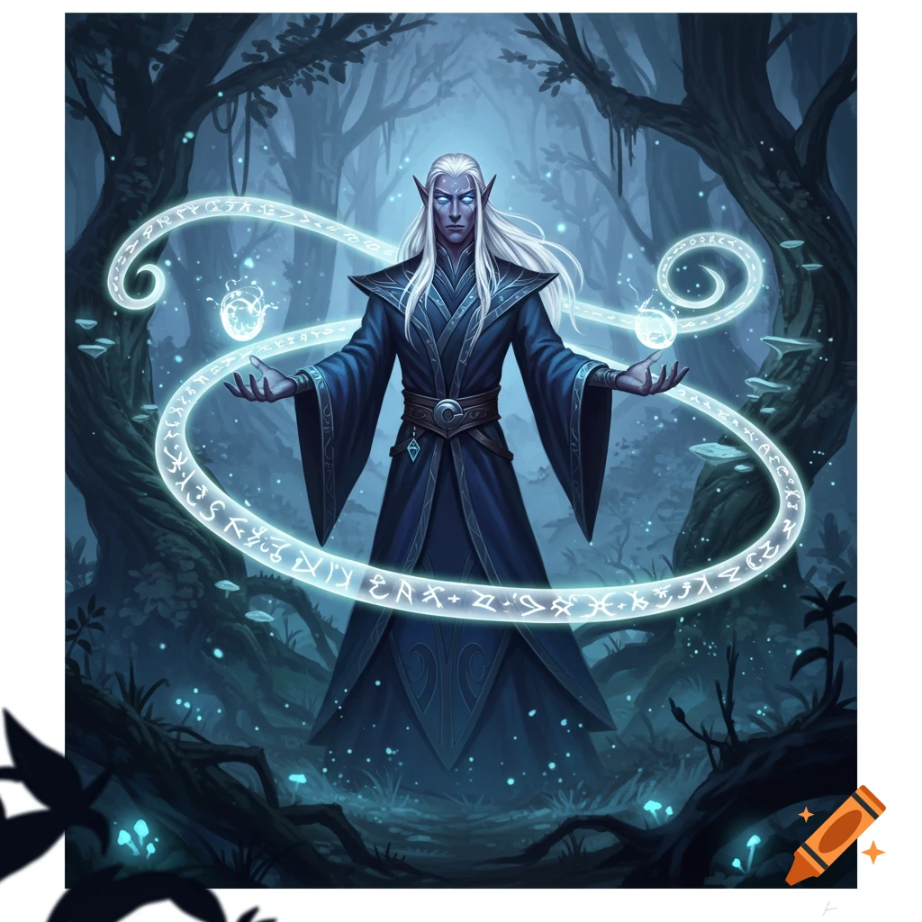An elf wizard with long white hair and pointed ears, dressed in a dark blue robe, casting a glowing magic spell with runes in a dark, misty forest.