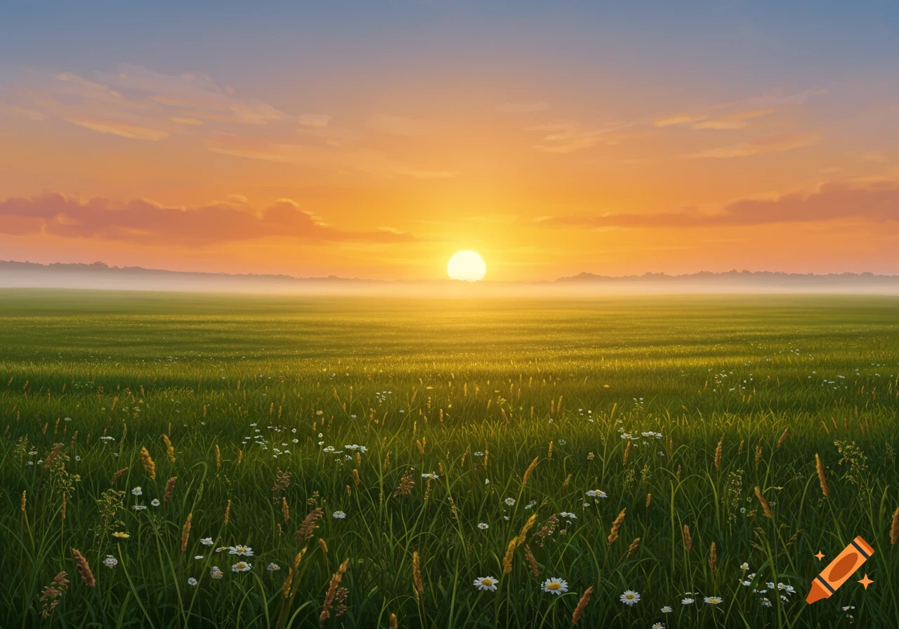 Bright orange sunrise over a vast green field with wildflowers and misty distant trees.