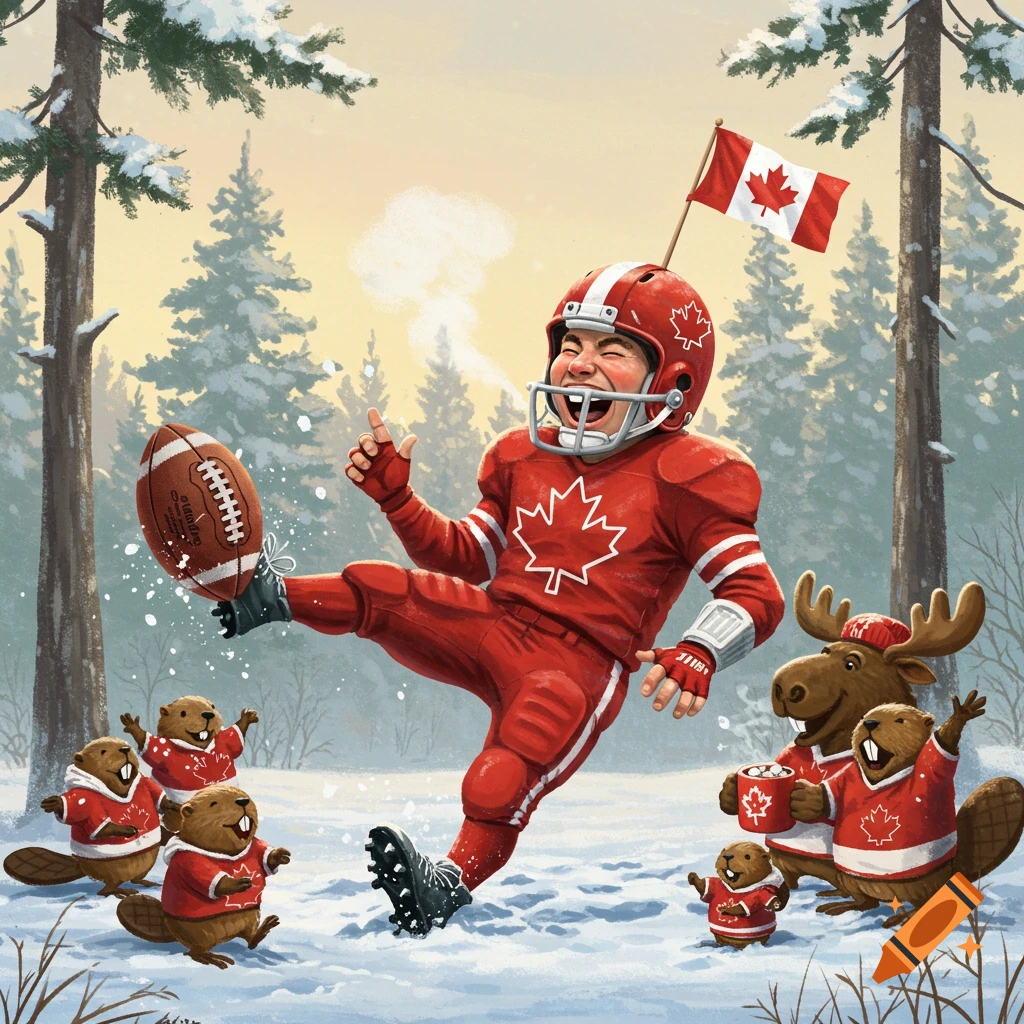 A happy cartoon Canadian football player kicks a football in a snowy forest, surrounded by beavers and a moose.