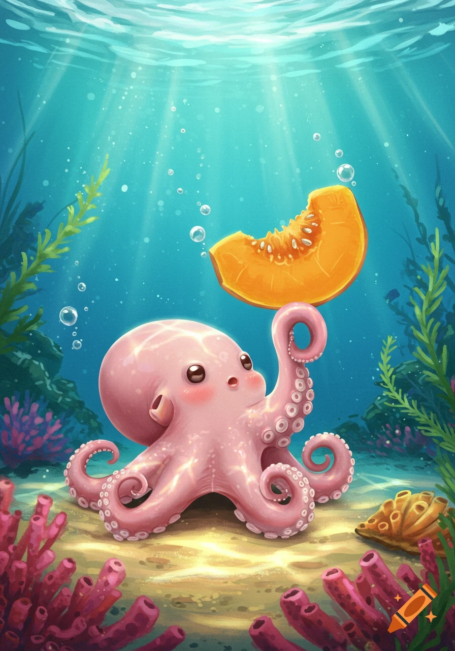 A cute pink octopus underwater, holding a bitten slice of butternut squash, in a cartoon illustration style.