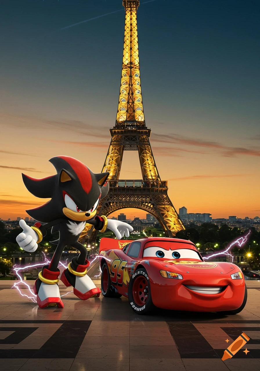 Shadow the Hedgehog and Lightning McQueen stand on a Parisian street with the illuminated Eiffel Tower at sunset, with lightning effects around Shadow.