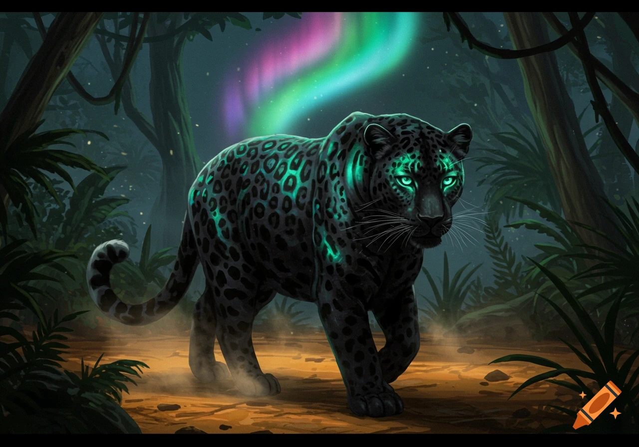 A black leopard with glowing green spots and eyes walks through a dark jungle under an aurora sky.