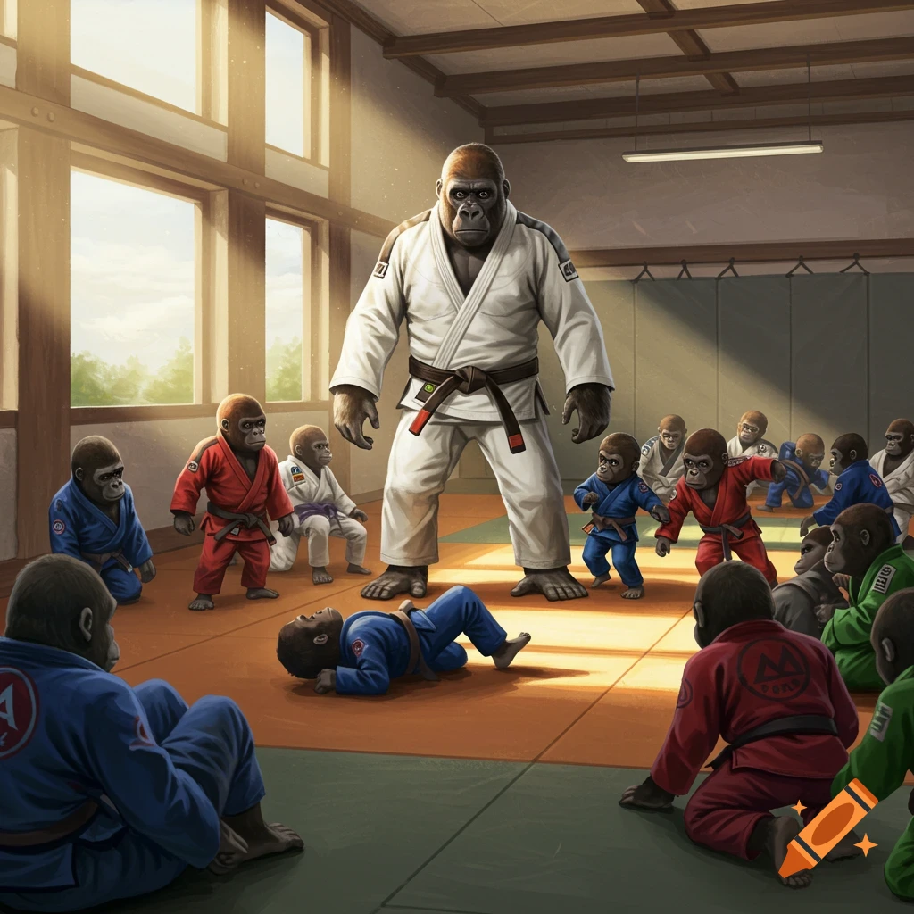 A large gorilla in a white gi and black belt stands over smaller gorillas in colorful gis training in a martial arts dojo.