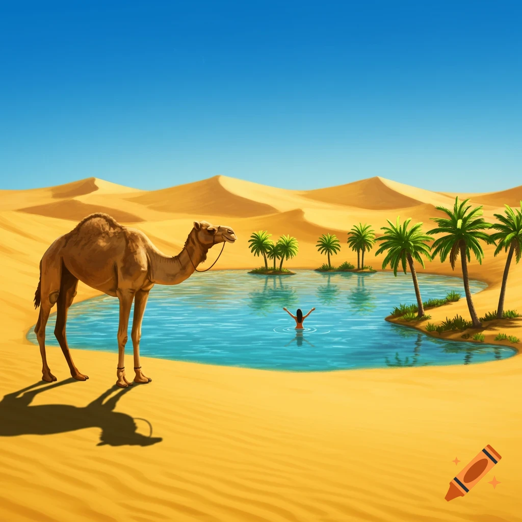 An illustrative scene of a camel standing by a bright blue oasis with palm trees in a desert, a person swims in the water.
