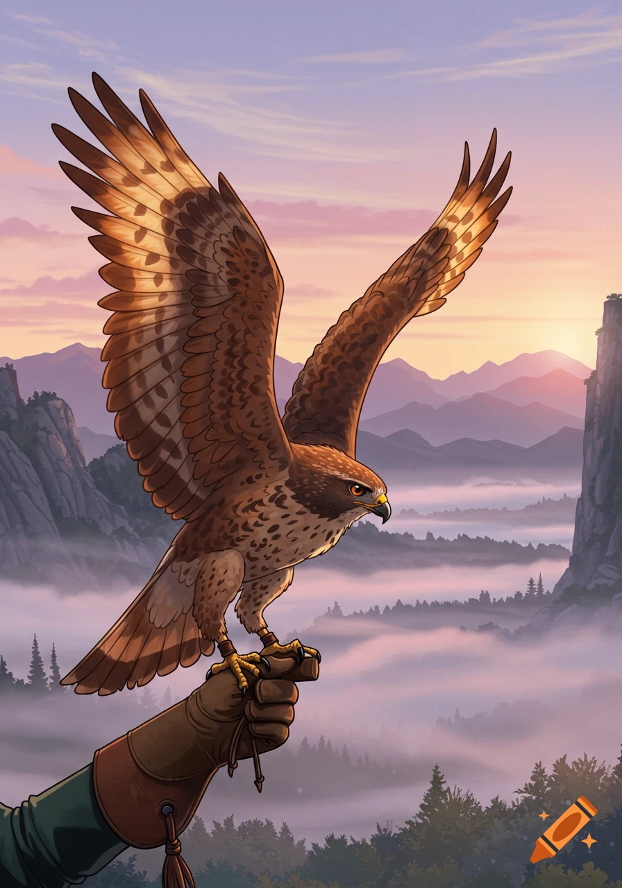 An illustration of a hawk with spread wings perched on a gloved hand, overlooking a misty mountain valley at sunrise.