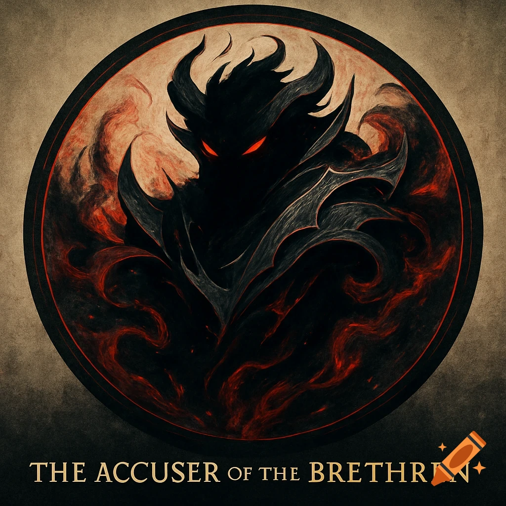 Circular emblem with a shadowy demon, red eyes, horns, and smoke. Text: 'THE ACCUSER OF THE BRETHREN'.