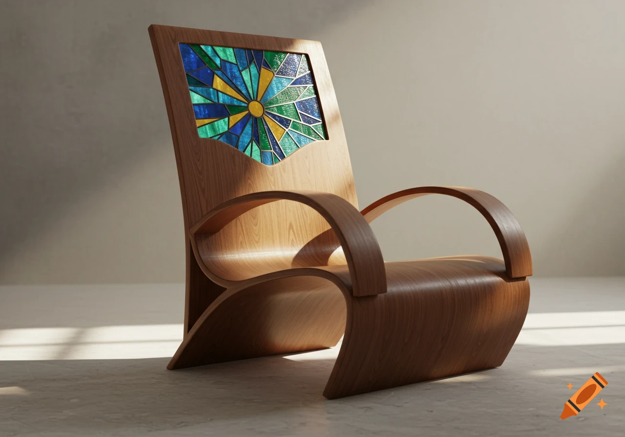 A curved walnut chair features a stained glass backrest with a blue, green, and yellow sunburst pattern, lit by sunlight.