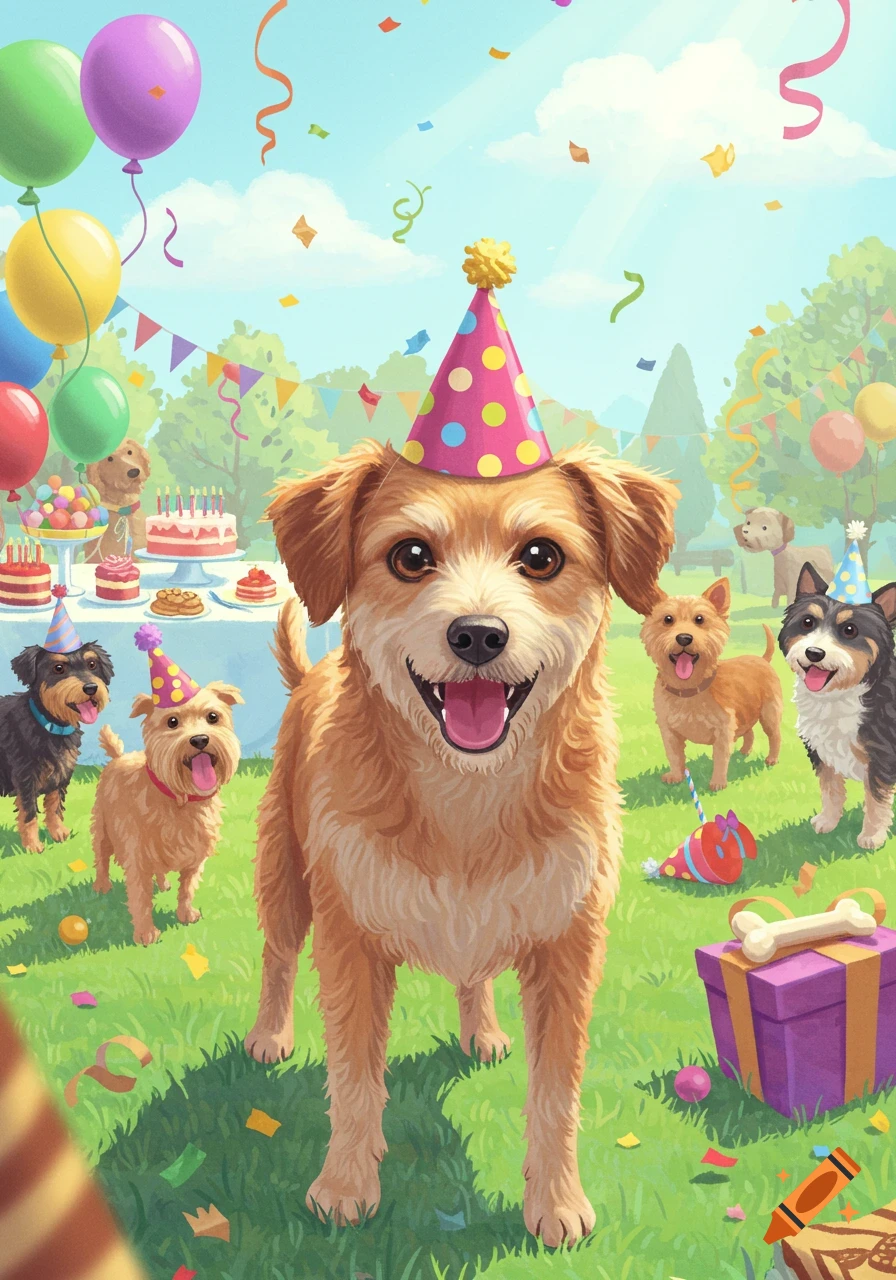 A happy, light brown dog in a polka dot party hat stands at an outdoor birthday party with other dogs, cakes, and balloons in an illustration.