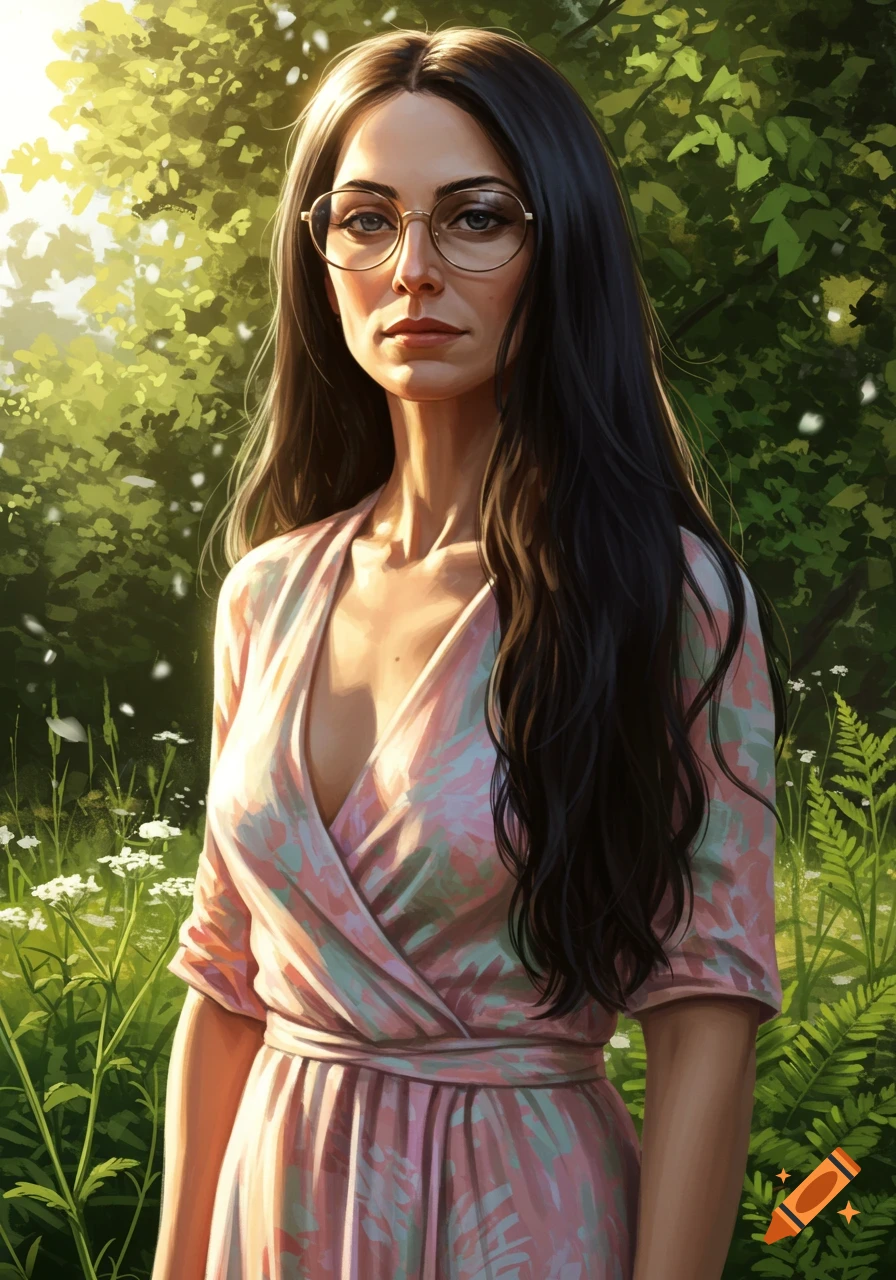 Digital painting of a woman with long dark hair, glasses, and a pink summer dress, standing in a sunny garden.