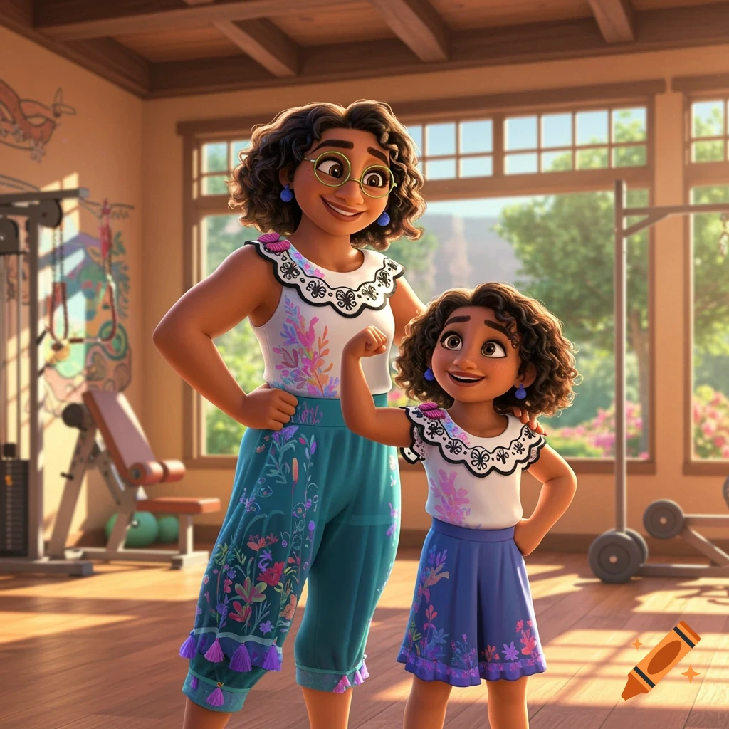 Mirabel's mom and daughter, in cartoon style, smiling and posing in a gym, with the daughter flexing her arm.