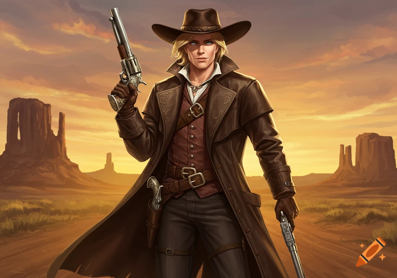 Blonde male gunslinger in a duster coat and cowboy hat, holding two revolvers in a desert landscape at sunset.