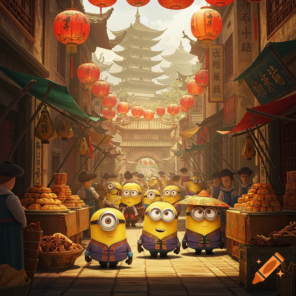 Animated minions in traditional Chinese outfits stroll through a bustling marketplace with red lanterns and pagoda-style buildings.