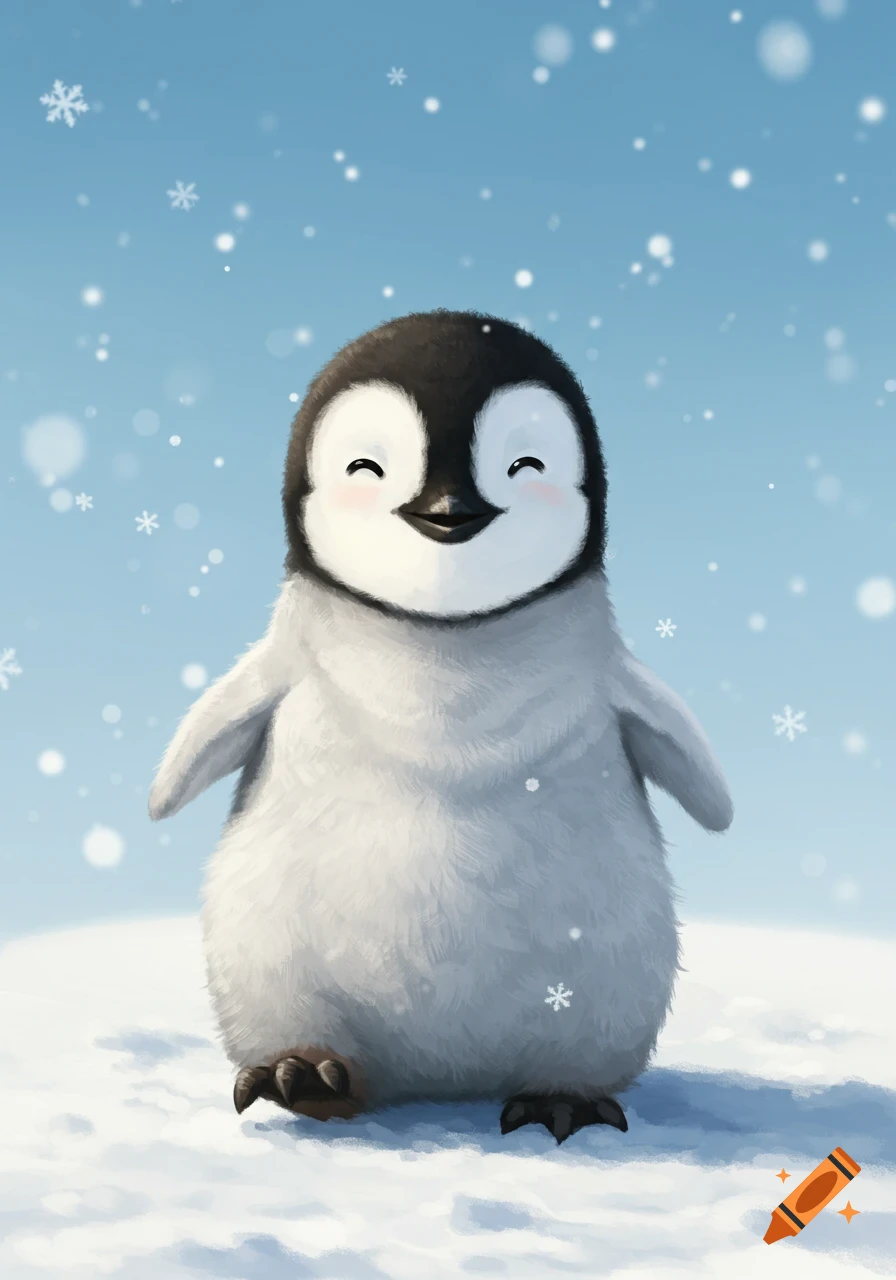 A cute baby penguin with a gentle smile stands in a snowy landscape with falling snowflakes, digital illustration.