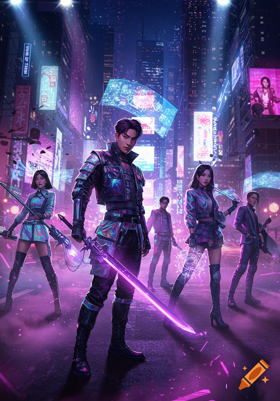 A group of futuristic, Kpop-style demon hunters with glowing weapons in a neon-lit cyberpunk city at night.