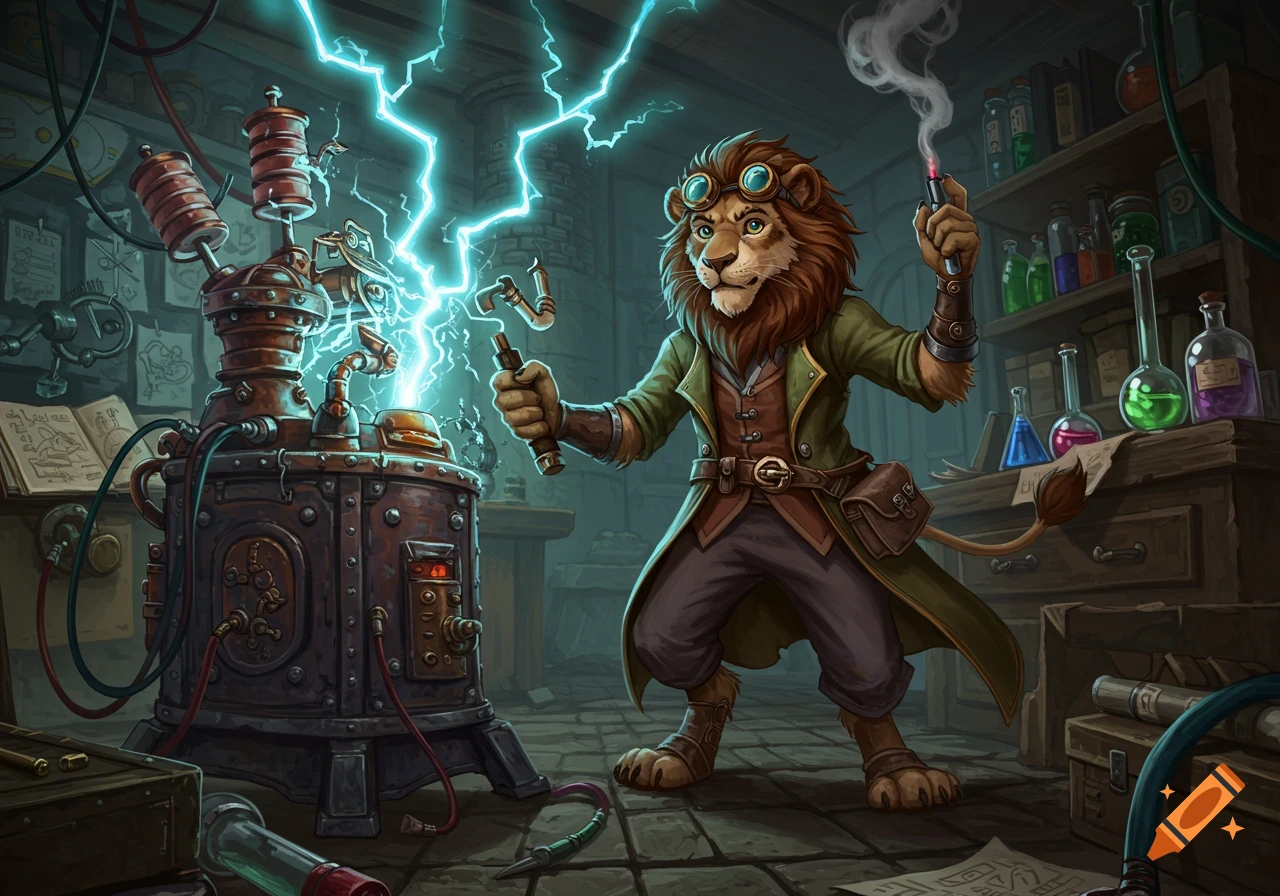 A steampunk anthropomorphic lion inventor in a cluttered workshop generates chaotic blue lightning from a device, holding a smoking tool.