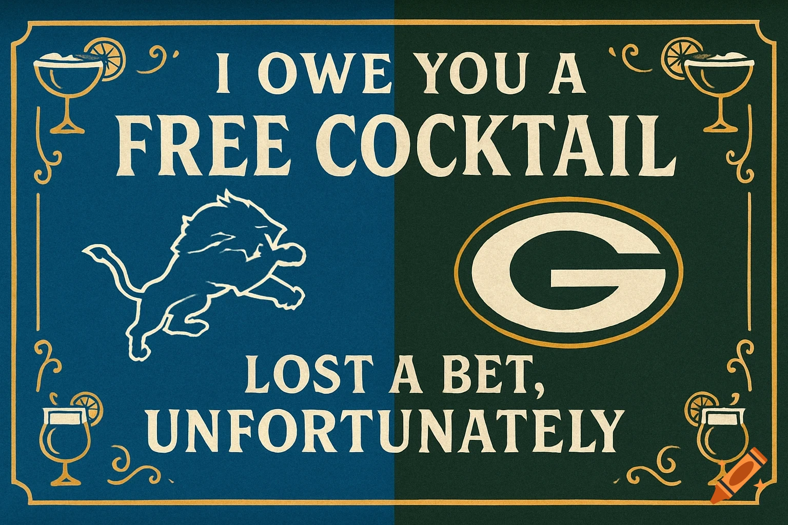Stylized sign in blue and green with Detroit Lions and Green Bay Packers logos, reading 'I OWE YOU A FREE COCKTAIL' and 'LOST A BET, UNFORTUNATELY'.