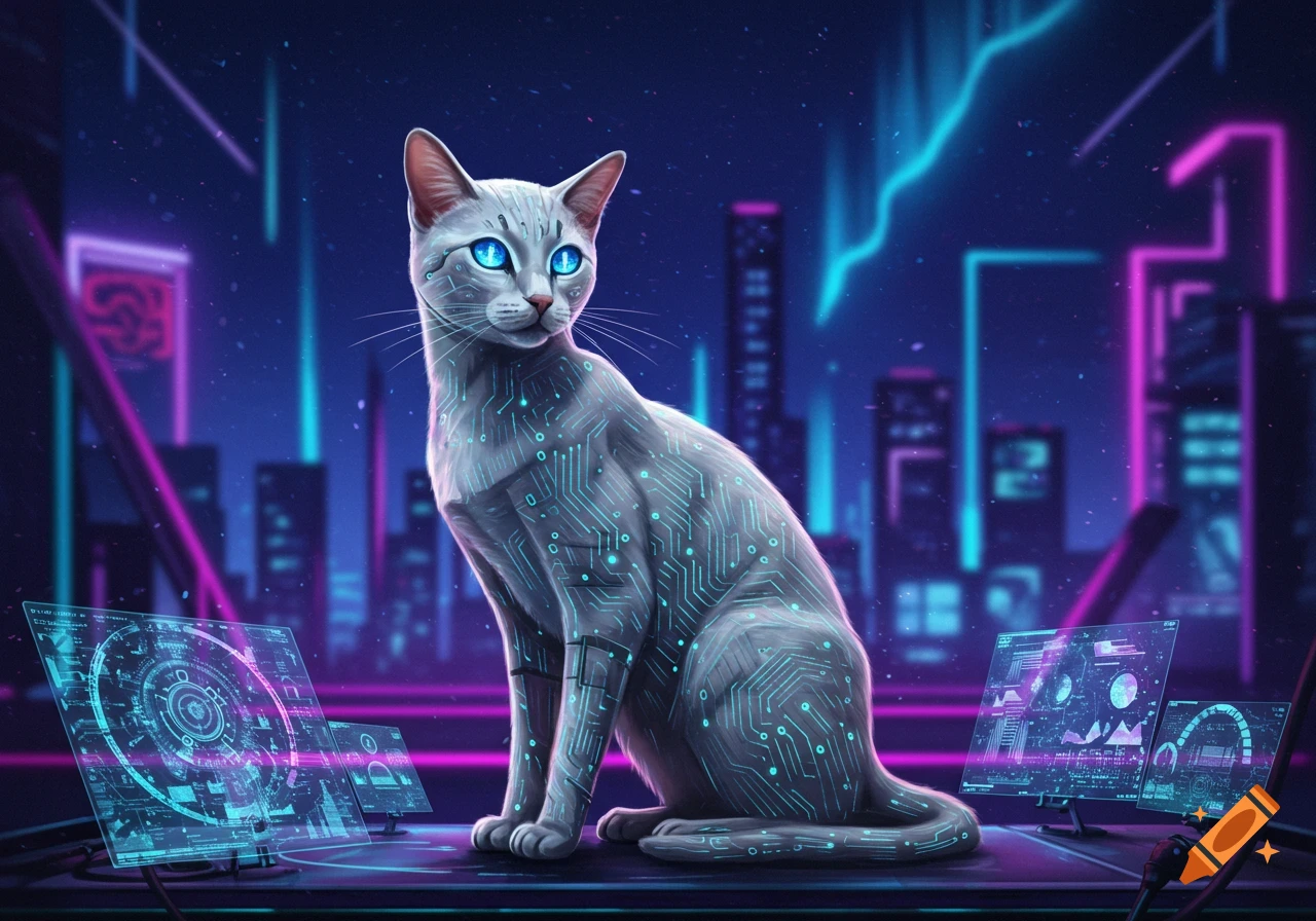A grey cat with glowing blue eyes and circuit patterns on its fur sits in a neon-lit cyberpunk city, with futuristic screens displaying data.