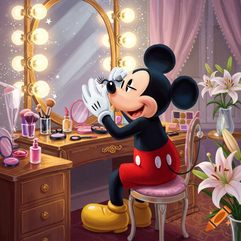 Mickey Mouse applies false eyelashes at a brightly lit vanity table filled with makeup items, in a cartoon style.