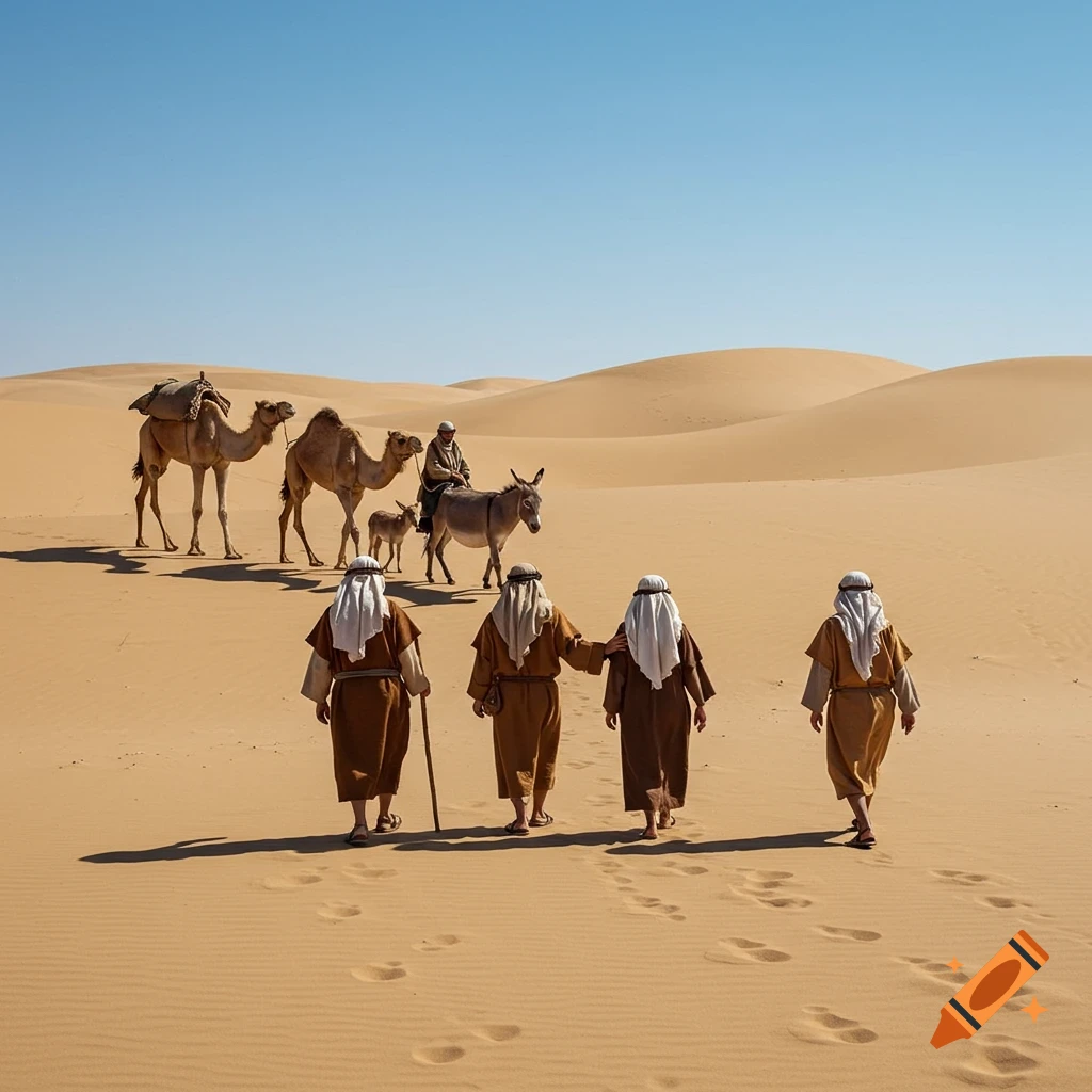 A group of people in traditional robes walk across sand dunes with camels and a donkey in a vast desert landscape.