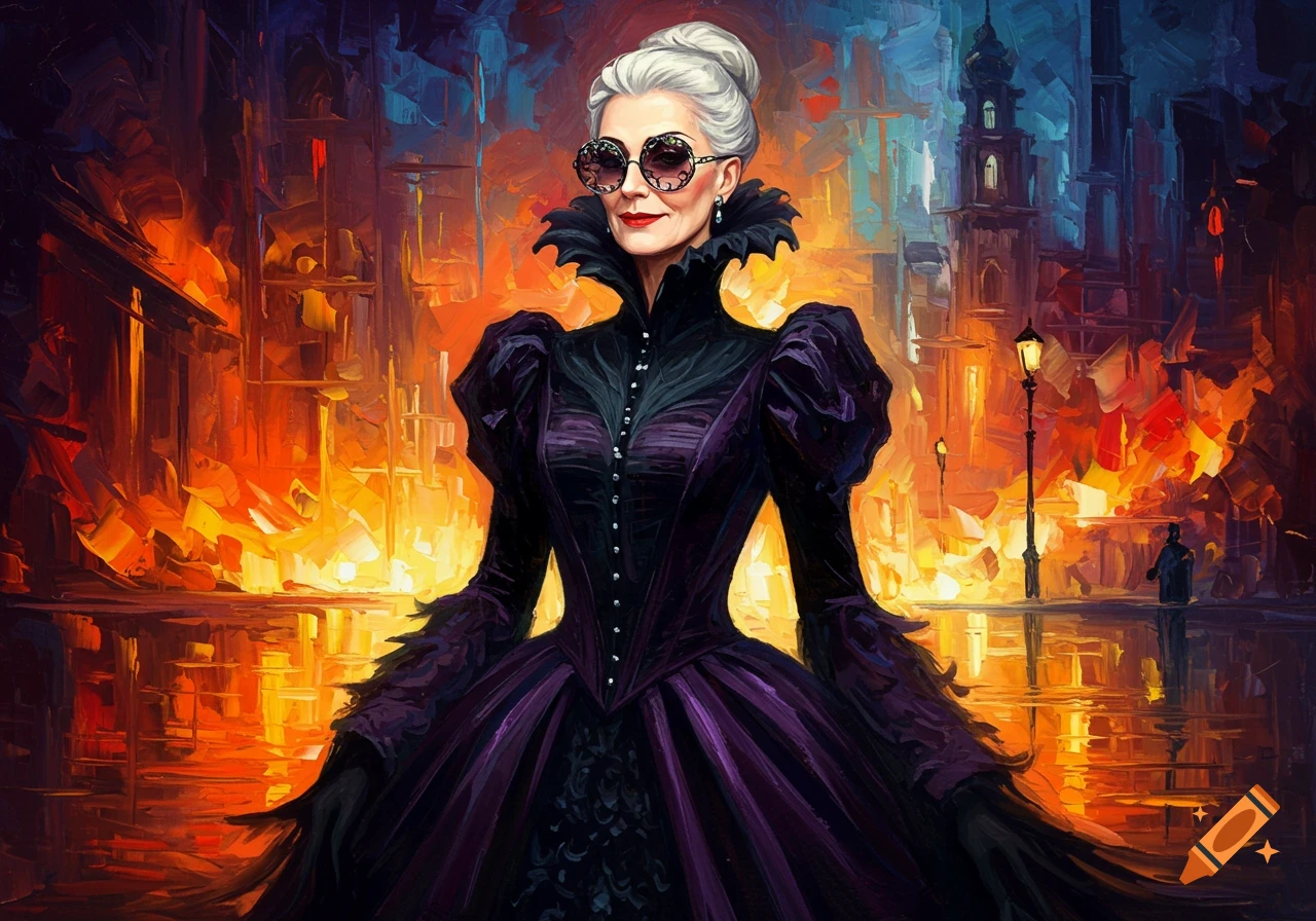 An older woman in a dark purple gothic dress and ornate sunglasses stands before a burning cityscape in a vibrant, painterly style.