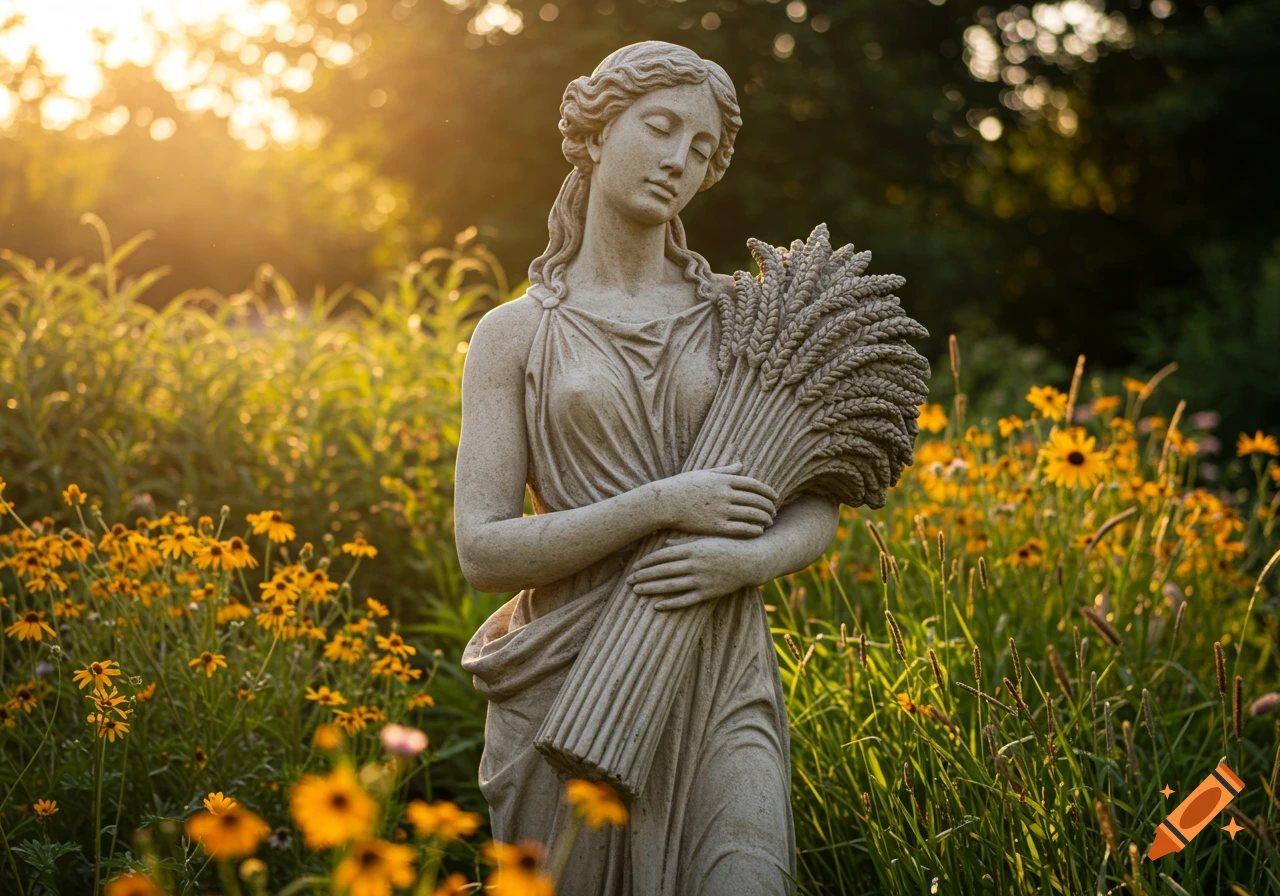 A stone statue of a woman holding a bundle of wheat stands in a sunlit garden with yellow flowers during golden hour.