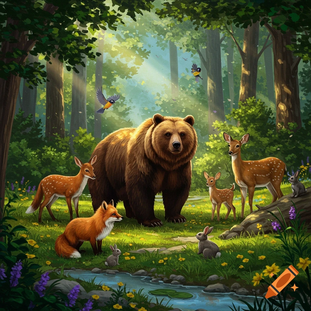 Illustrated scene of a brown bear, deer, fox, rabbits, and birds in a sunlit forest with a stream.