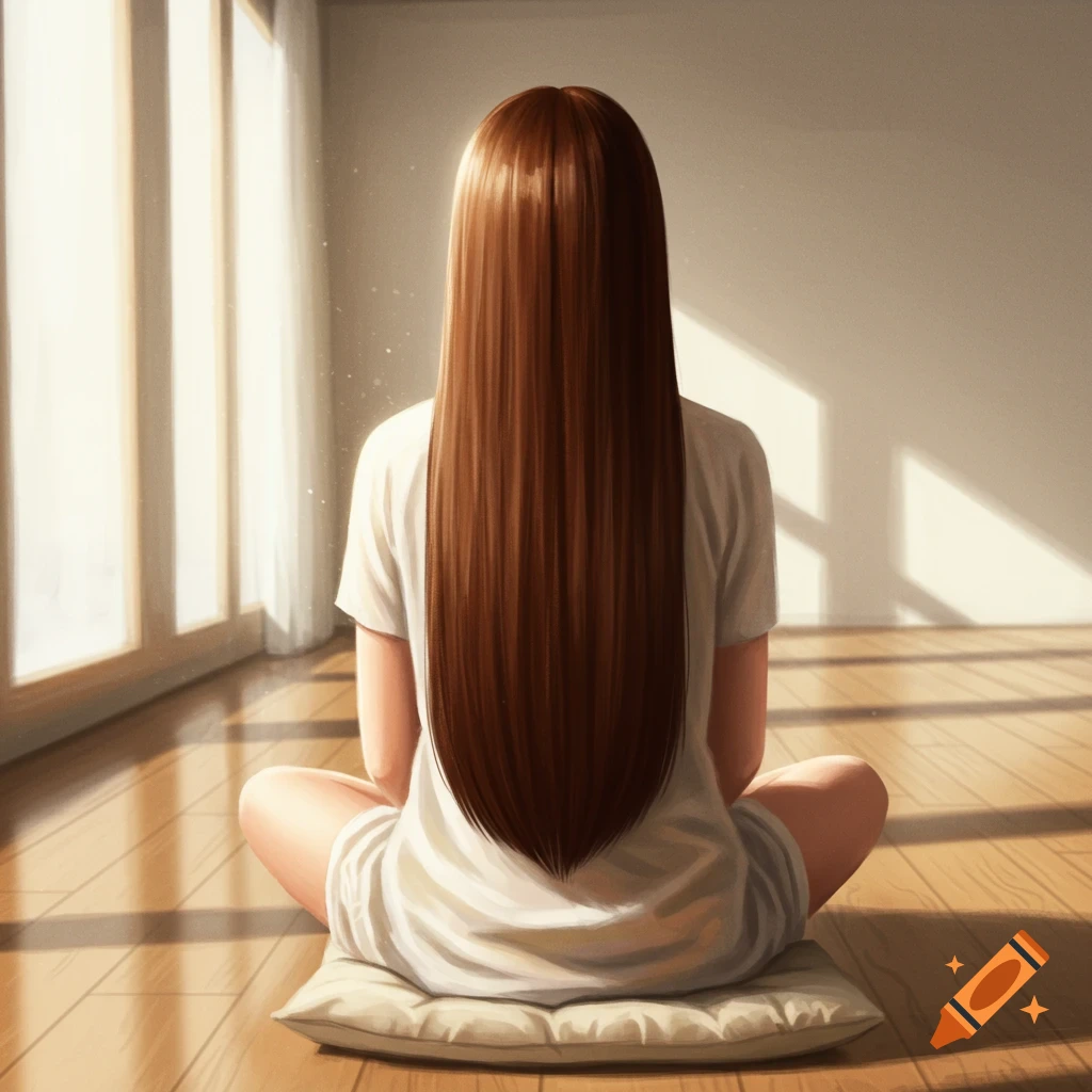 An illustrated back view of a person with long, straight brown hair sitting cross-legged on a cushion, facing a bright window.