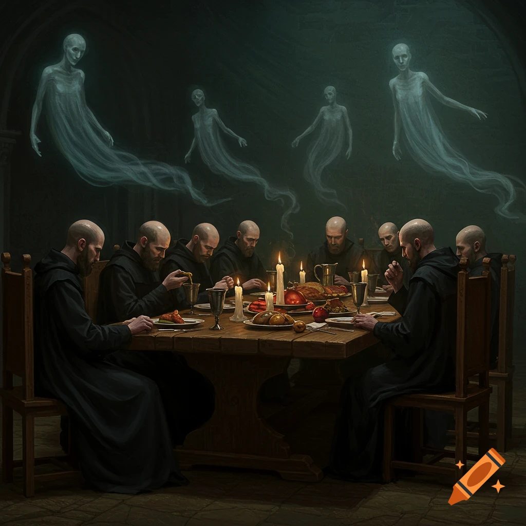 Monks in black robes feast at a candlelit table as ghostly figures float above them in a dark, atmospheric room.