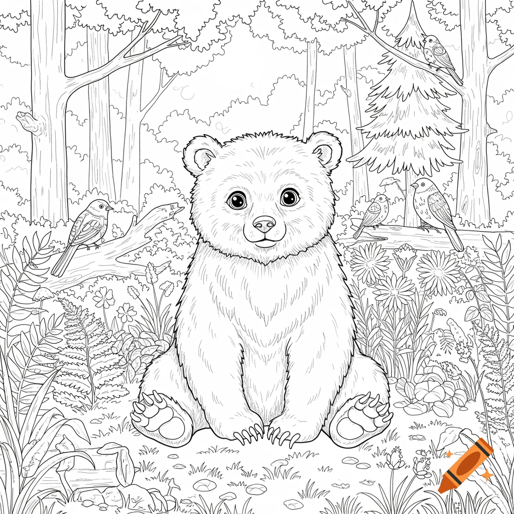 A line art coloring page of a cute bear sitting in a forest surrounded by birds and foliage.