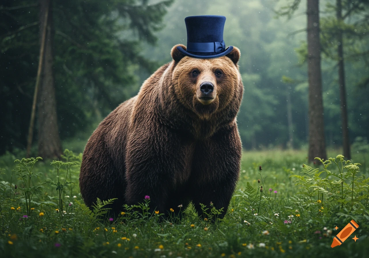 A photorealistic brown bear wearing a blue top hat stands in a lush green forest with wildflowers.