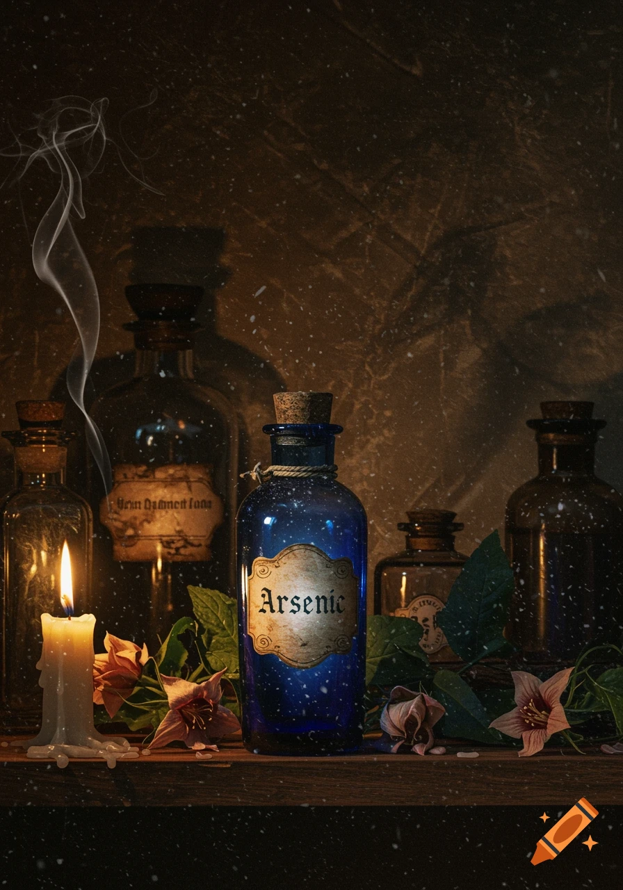 A moody still life with a blue bottle labeled 'Arsenic,' other vintage bottles, a burning candle, and dried flowers on a dark shelf.