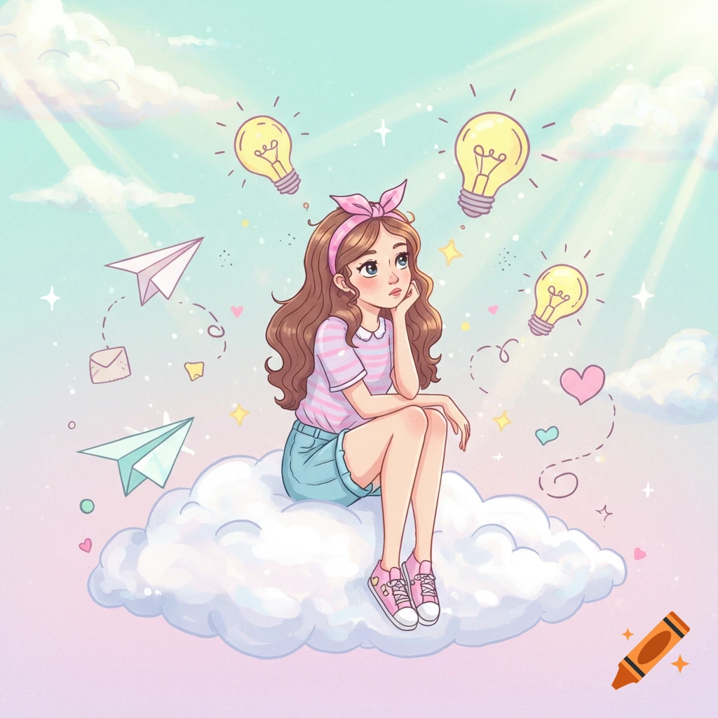 Dreamy cartoon girl with brown hair sits on a cloud in a pastel sky, surrounded by lightbulbs and paper airplanes.