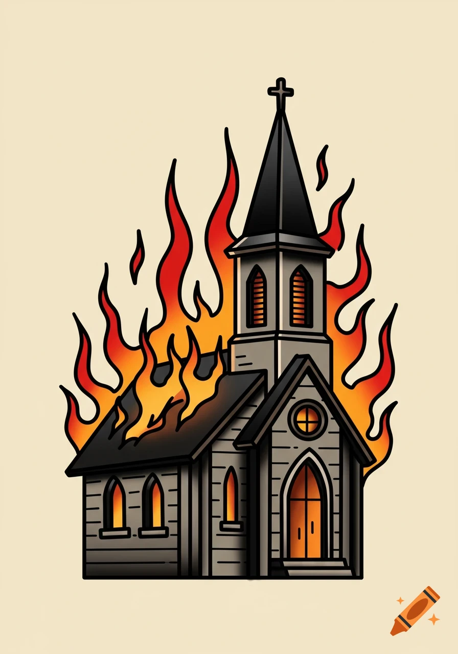 A traditional tattoo style illustration of a burning church with thick black lines and vibrant red and orange flames.