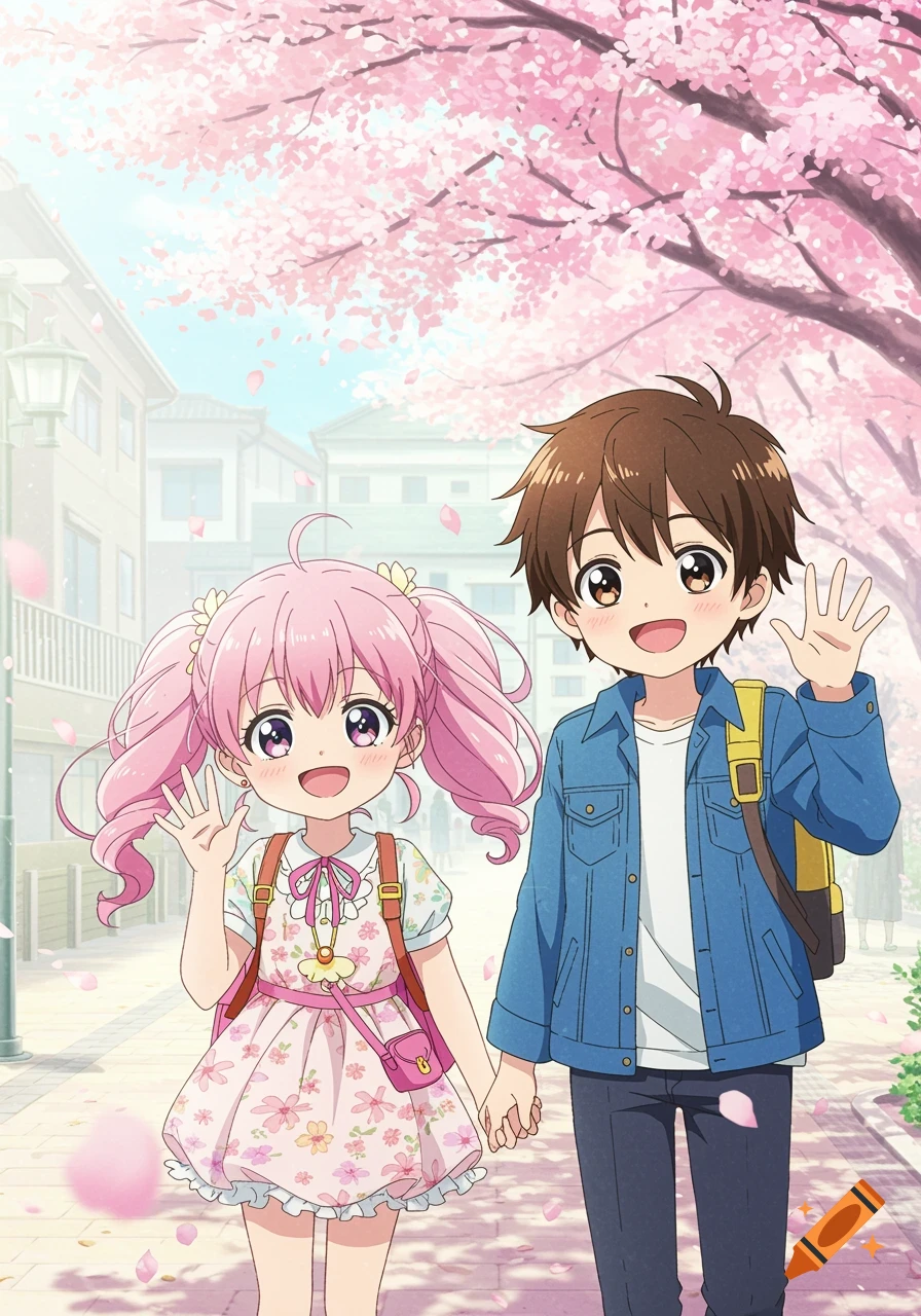 Happy anime boy and girl holding hands and waving on a cherry blossom-lined street.