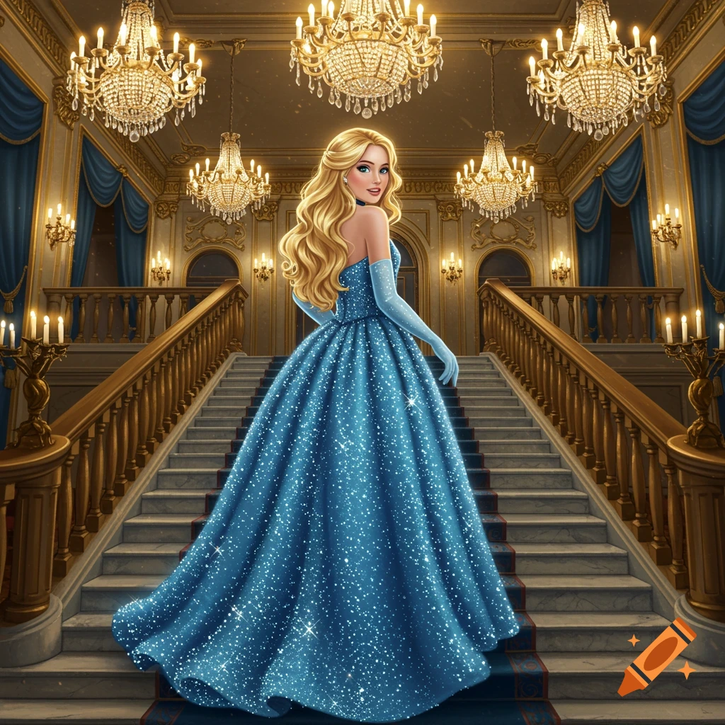 Blond princess in a sparkling blue ball gown on a grand palace staircase, looking over her shoulder.